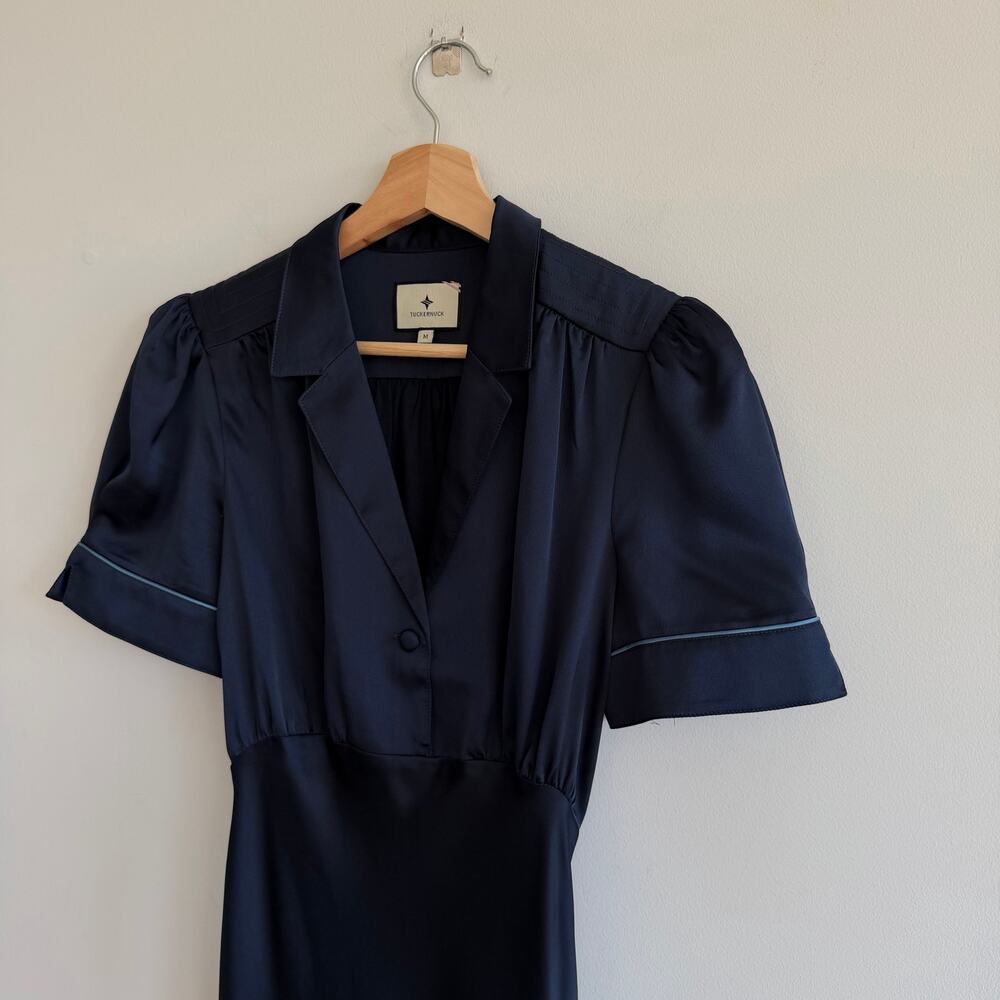 Tuckernuck Woodbine Satin Bellamy Collared Short Sleeve Midi Dress Navy Blue M - Picture 8 of 12